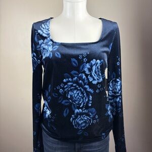New Old Navy L Midnight Blue Floral Long Sleeve velvet blouse whimsy Phoebe